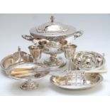 Silver plate to include large soup or punch bowl with lid, width 33cm, serving dishes, pierced swing