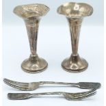 Pair of hallmarked silver trumpet or spill vases, Birmingham 1972 maker W I Broadway & Co, height