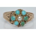 Victorian ring set with a pearl surrounded by turquoise, Birmingham 1893, 2.0g, size O