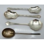 Four hallmarked silver spoons comprising Art Nouveau or Arts and Crafts style jam spoon,