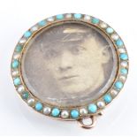 Victorian yellow metal double sided locket set with a border of seed pearls and turquoise,