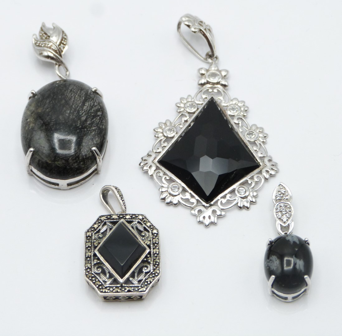 Seven silver pendants including set with rutile quartz, onyx, marcasite, obsidian and blue lace - Image 2 of 4
