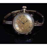 Continental 14ct gold fob watch converted to a wristwatch with blued hands, black Roman numerals,