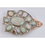 Art Deco 18ct gold clip set with oval opal cabochons and diamonds. W- 3cm - L-13cm, 13g