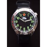 Russian tank commander's military style wristwatch with luminous hands, green Arabic numerals, black
