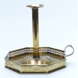 English 18thC Arts and Crafts style brass chamber stick on octagonal base with pierced gallery, 24cm