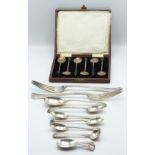 Pair of Victorian hallmarked silver table forks, further cutlery to include modern caddy spoon and a