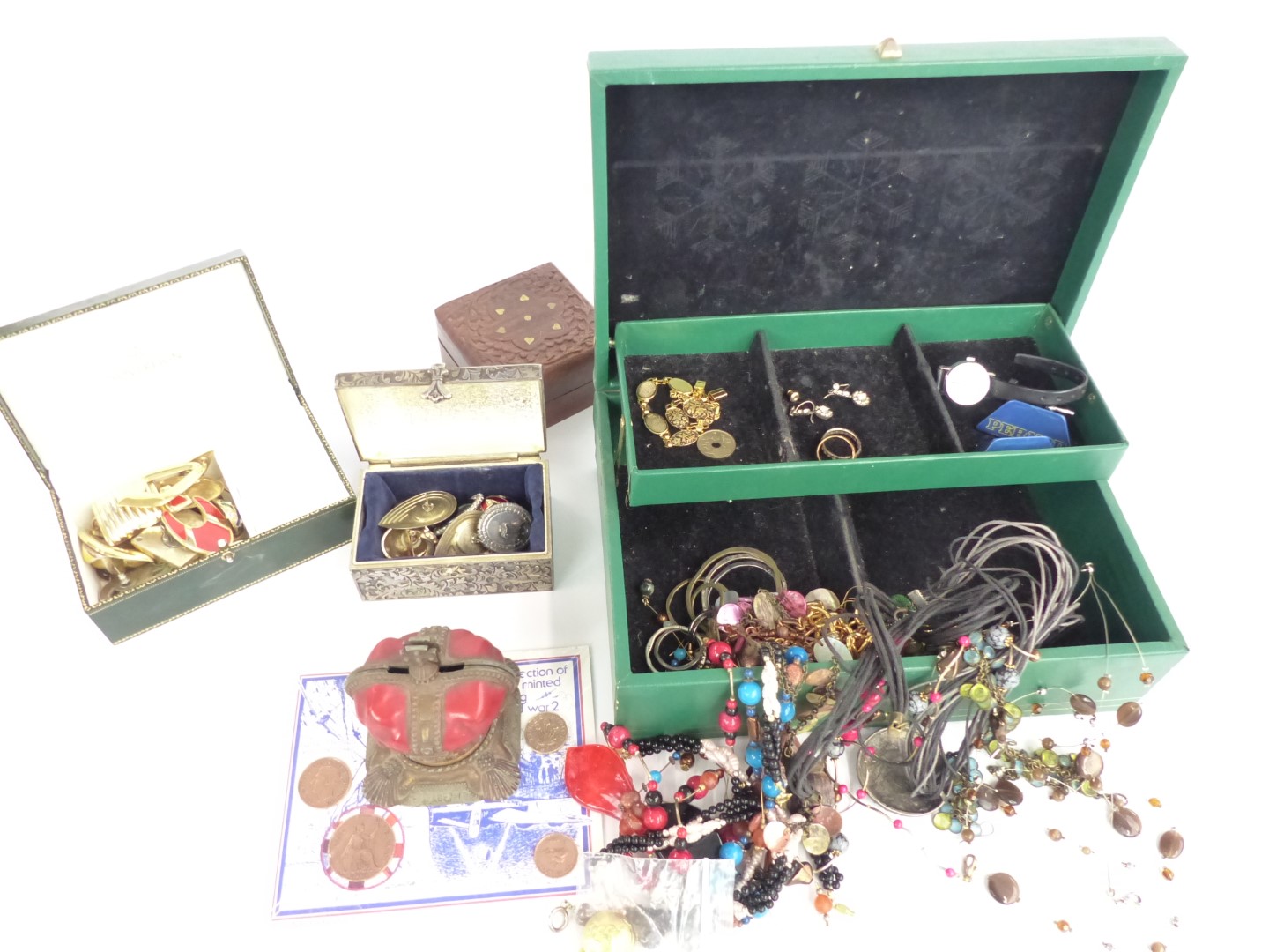 A collection of costume jewellery including a silver eternity ring, 9ct gold ring, vintage