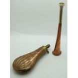 Swaine & Adeney hunting horn, length 23cm together with a Dixon powder flask