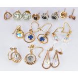 A collection of 9ct gold earrings including paste set