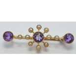 Edwardian 15ct gold brooch set with amethysts and seed pearls, 1 x 3.1cm, 4g