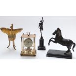 A bronze classical figurine on plinth, cast metal horse, Chinese brass tripod censer and a clock,