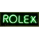 Rolex green neon ex shop display or advertising sign mounted on a black acrylic board, 75 x 25cm