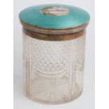 George V hallmarked silver and turquoise guilloché enamel cut glass jar with enamel painted lake
