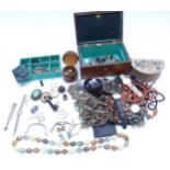 A collection of costume jewellery including pearl & garnet necklace, Miracle brooch, watches,