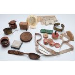 A collection of Victorian treen and collectables including brass dog collars, handmade comb,