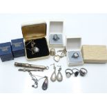 A collection of silver jewellery including rings, Blue John pendant and ring, earrings, silver