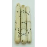 Three 19thC turned ivory Indian Madras ware needle cases, longest 8cm