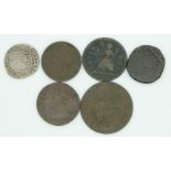 A small group of six interesting coins to include Elizabeth I 3d 1582, Charles II farthing 1672,