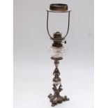 Silver plated and cut glass oil lamp with fish supports, seahorse decoration and Hinks burner,