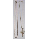 Two 9ct gold necklaces / chains with an Edwardian 9ct gold pendant, 8.8g