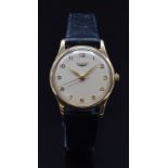 Longines 9ct gold gentleman's wristwatch ref. 13322 with gold hands and Arabic numerals, champagne