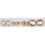 A pair of 9ct gold cameo earrings, two pairs of 9ct gold earrings and a pair of 9ct gold earrings