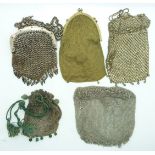 Five silver mesh, cut steel and engraved metal purses, largest 16 x 10cm