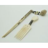 A 19thC Indian Madras ware bone combined spoon and fork and a pair hair sticks, possibly North