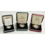 Three Royal Mint silver proof Piedfort coins, 1990 5p, 1992 10p and a 1992-93 50p, all cased with
