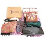 Textiles including embroidered Kashmiri wool scarf, black patent Waldybag, Brother leather 'Henry's'