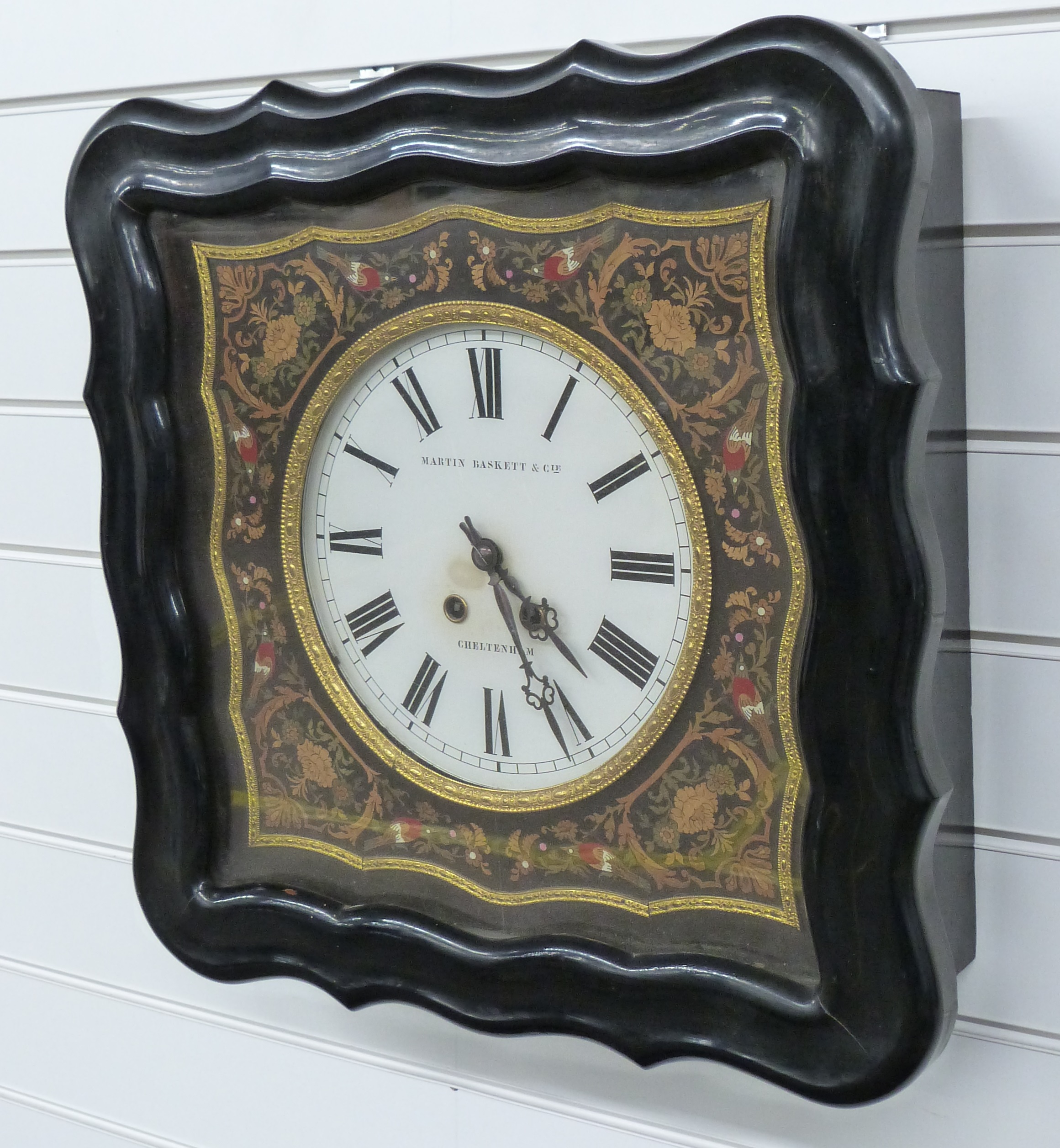 Martin Baskett & Cie, Cheltenham, late 19thC/early 20thC wall clock, the glass Roman dial, with - Image 2 of 2