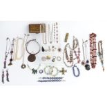 A collection of jewellery including Victorian silver lockets, silver enamelled fob watch, silver