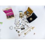 A collection of costume jewellery including a 9ct gold cross, watches, badges, Victorian brooch,