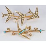 A 15ct gold brooch in the form of three swallows set with seed pearls and turquoise and a similar