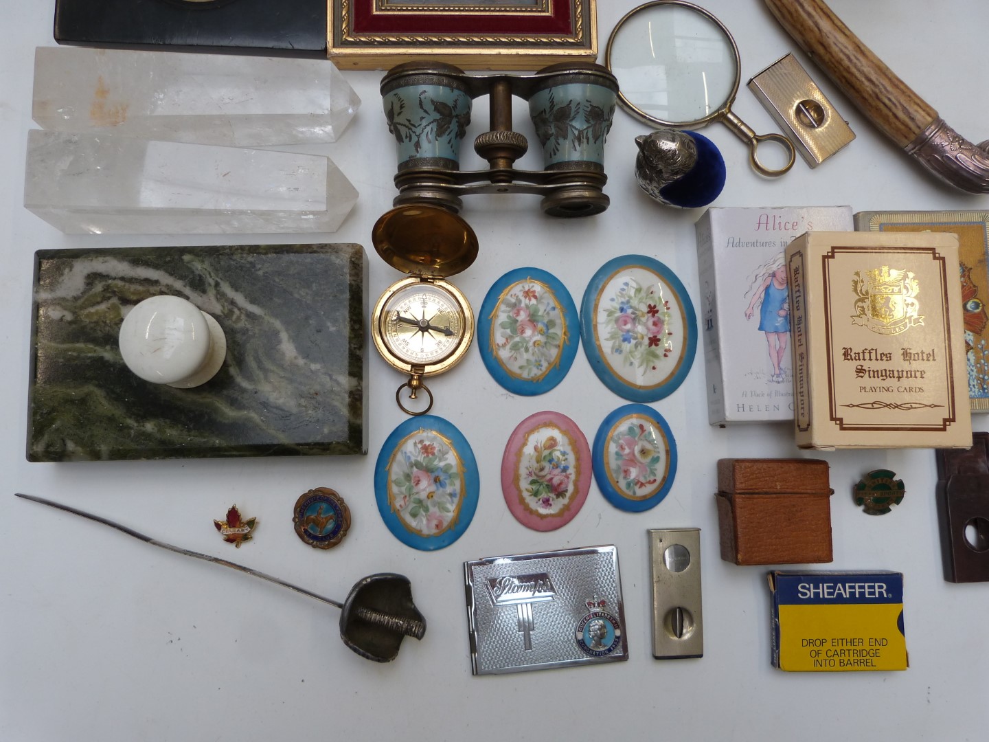 Victorian marble paperweight, pair of rock crystal obelisks, opera glasses, 'Cotswold' bakelite - Image 10 of 10