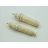 Two 19thC turned ivory pedestal free standing needle cases, tallest 8cm