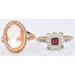 A 9ct gold ring set with a cameo and a 9ct gold and silver ring, 2.4g, size K and P