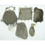 Fine cut steel / silver mesh purses including one marked 'German Silver', largest 13 x 12cm
