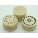 Three 19thC Indian Madras ware ivory turned vinaigrettes, largest diameter 2.2cm