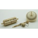 Three 19thC Indian Madras ware ivory and bones toys including a spinning top, cup and ball game