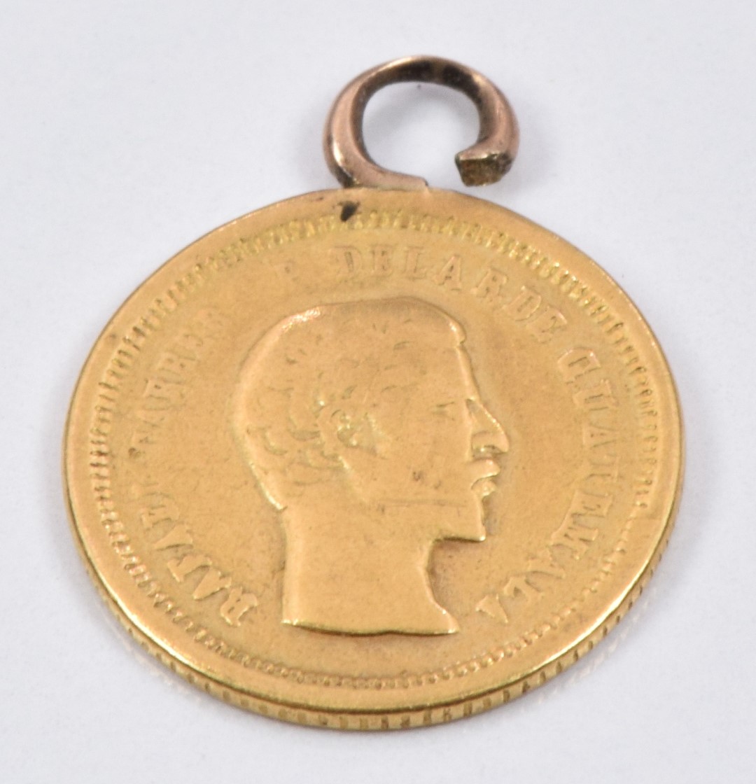 Rafael Carrera Guatamala 1860 Gold 4 Reales coin on small mount .375, 0.8g