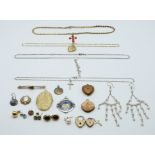 9ct gold earrings, 9ct gold brooch (3.8g), silver necklace and earrings, silver fob, etc