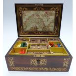 A 19thC brass inlaid rosewood workbox with fitted interior, gilt and tooled Morrocco leather covers,