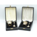 Two cased hallmarked silver egg cups and spoons, weight 76g