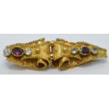 Victorian Etruscan Revival brooch set with foiled garnets and paste, 1.5 x 5cm, 6.3g