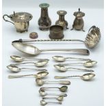 Hallmarked silver items including Georgian table spoon, napkin ring, peppers etc, weight 317g,