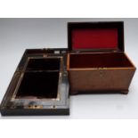 A 19thC brass inlaid coromandel writing slope and a burr walnut sarcophogus shaped box, largest