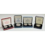 Four Royal Mint silver proof coin sets comprising 1990 old design / new design 5p, 1992 old design /