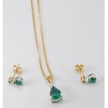 A 9ct gold necklace and earrings set with diopside and diamonds, 3.4g